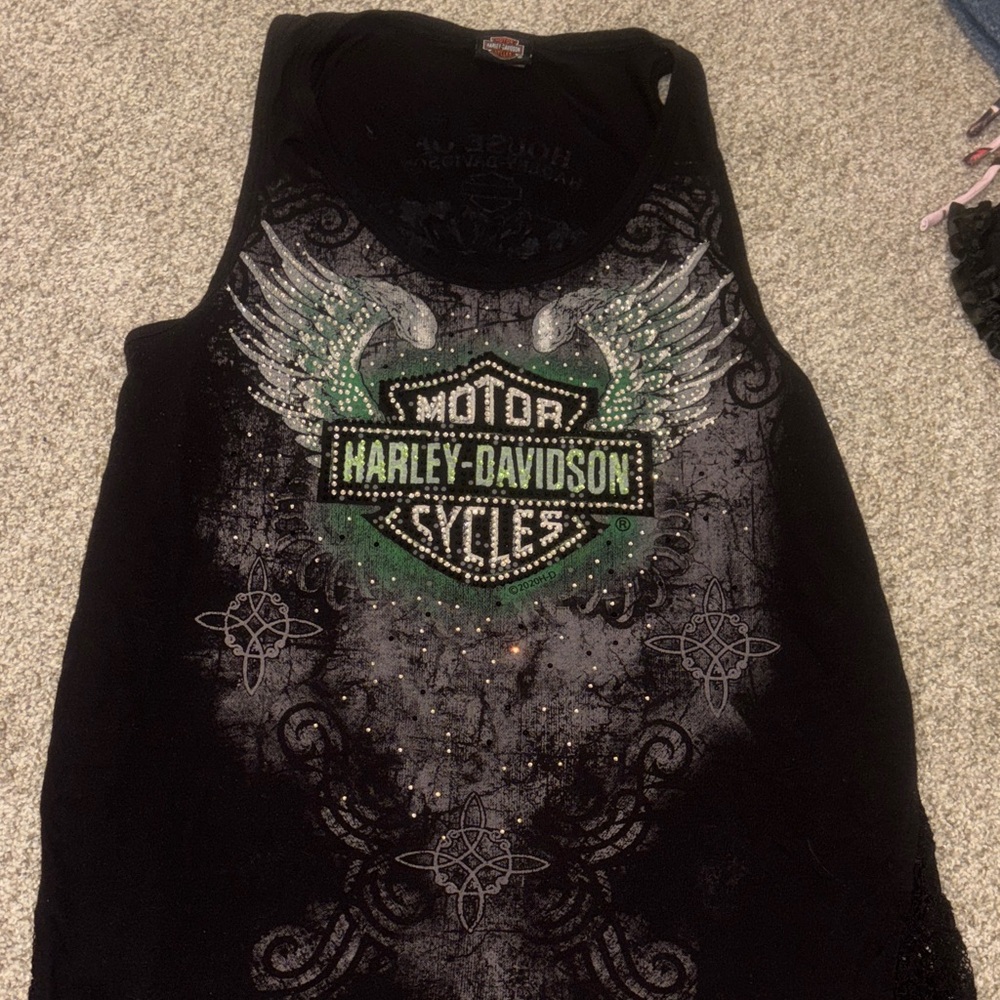 Vintage Harley-Davidson Black Tank with Green and Silver Design